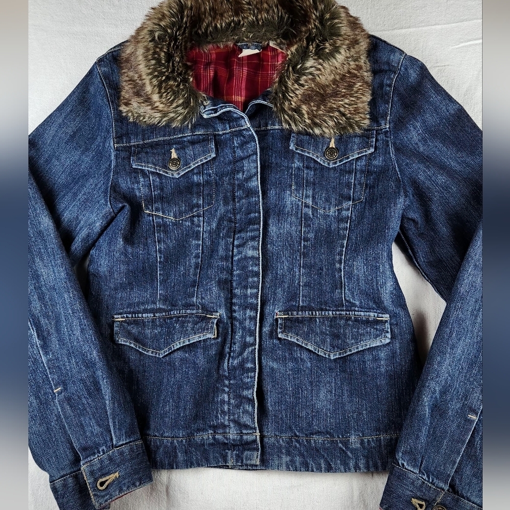 VTG Grizzly Plaid Flannel Lined Denim Jean Jacket Coat Removable Fur Collar Med